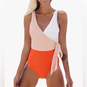 NWT Colorblock One Piece Swimsuit Wrap Color Block Tie Side Bathing Suit
